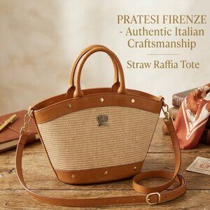 Pratesi Firenze Italian Raffia handmade straw/leather tote bag detachable strap